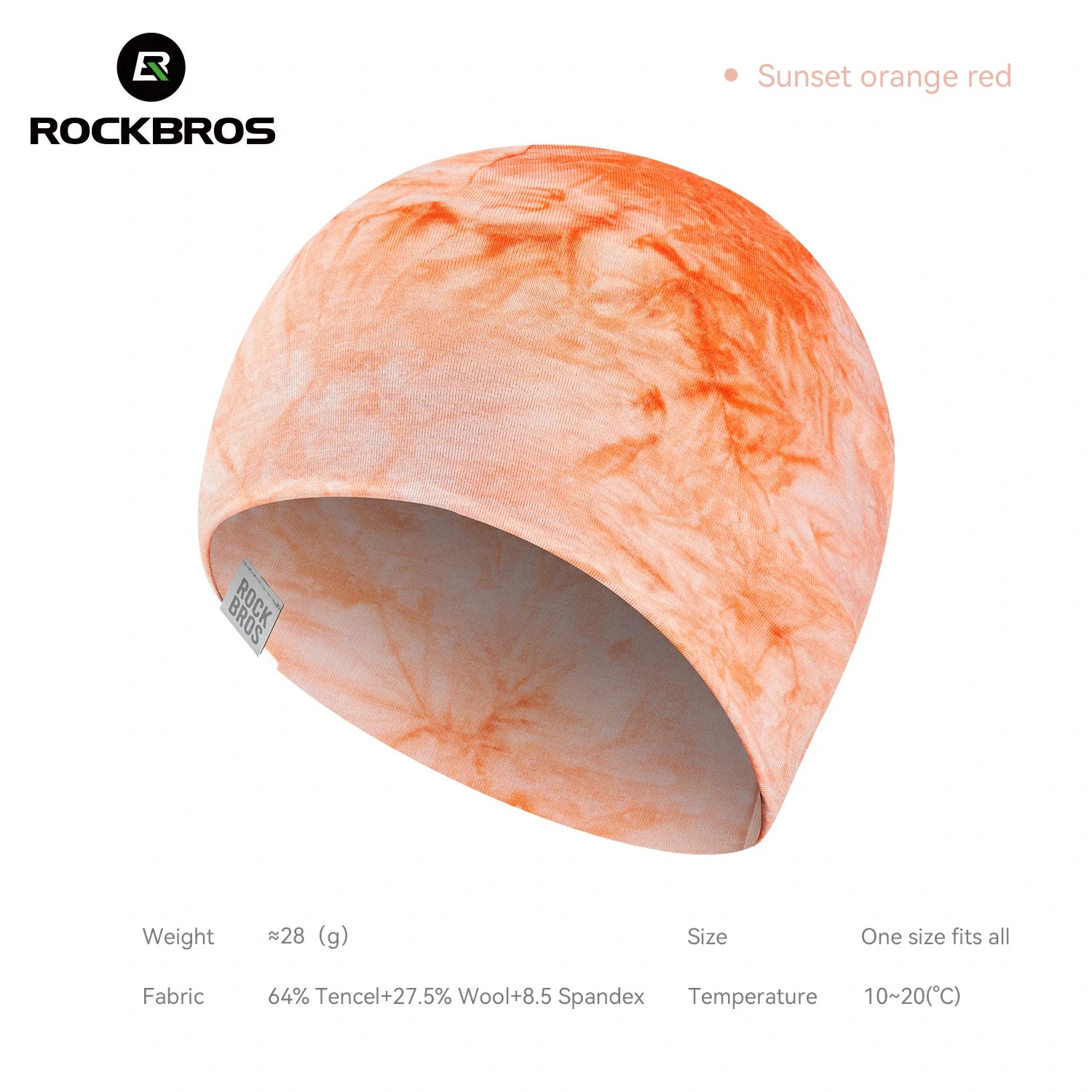 An orange-red marbled knit beanie cap by Rockbros, displayed on a clean white background with product specifications and branding text. #Color_Orange