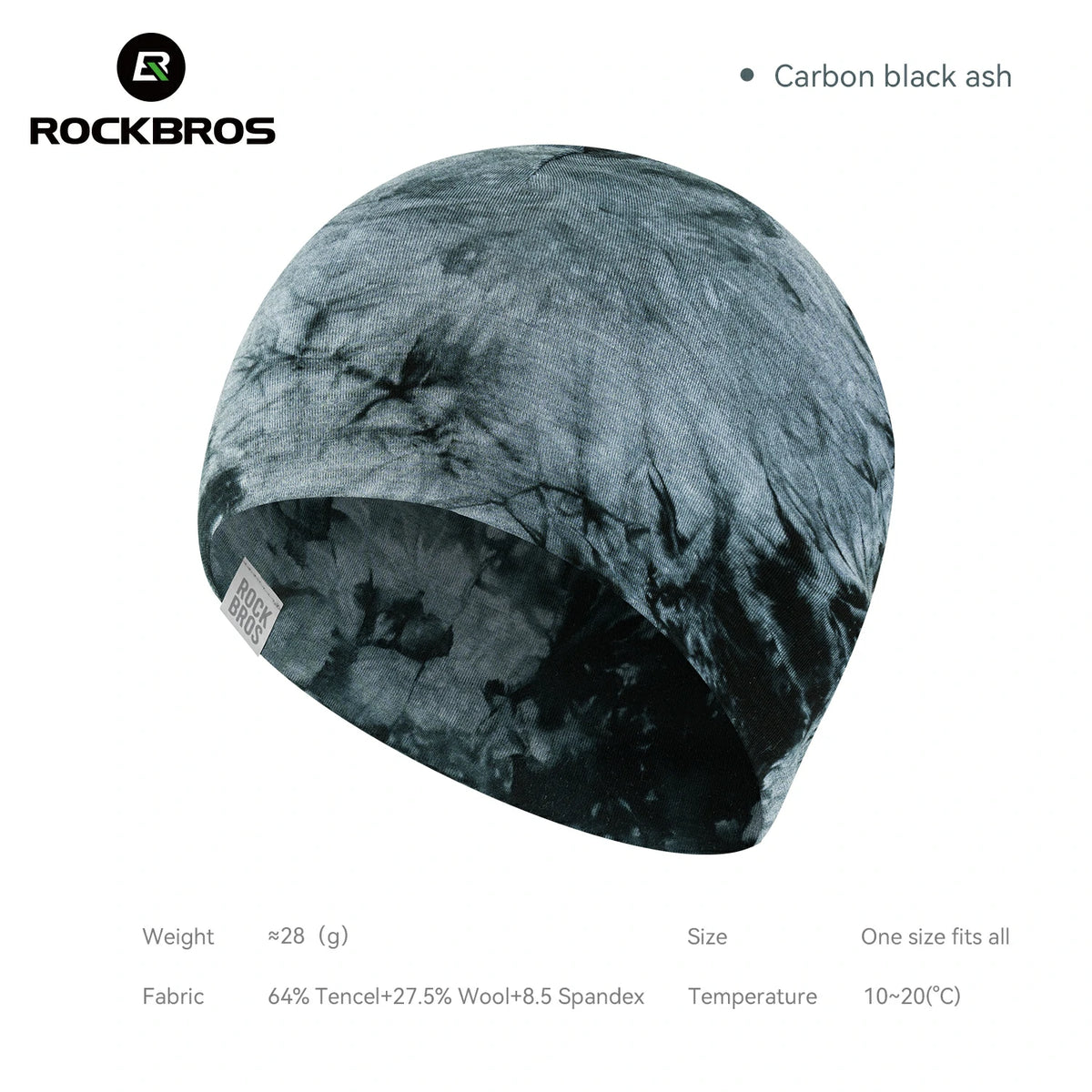 A beanie-style hat by ROCKBROS in a carbon black ash tie-dye pattern, shown on a white background with product specifications and fabric details printed around it. #Color_Gray