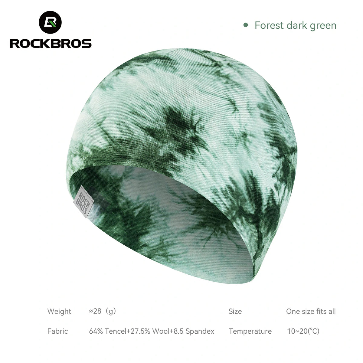 A Rockbros beanie hat in forest dark green with a tie-dye pattern, shown on a white background with product specifications and brand logo. #Color_Green