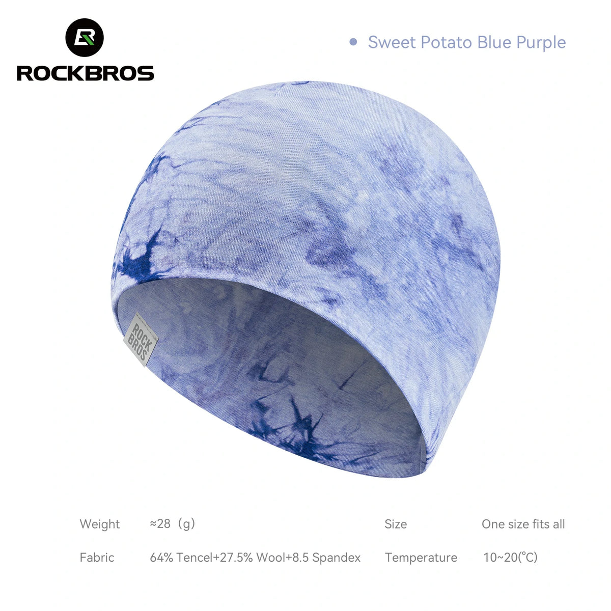 A blue and purple marbled knit beanie hat by Rockbros, shown on a white background with product specifications and the color name 'Sweet Potato Blue Purple' printed around it. #Color_Blue