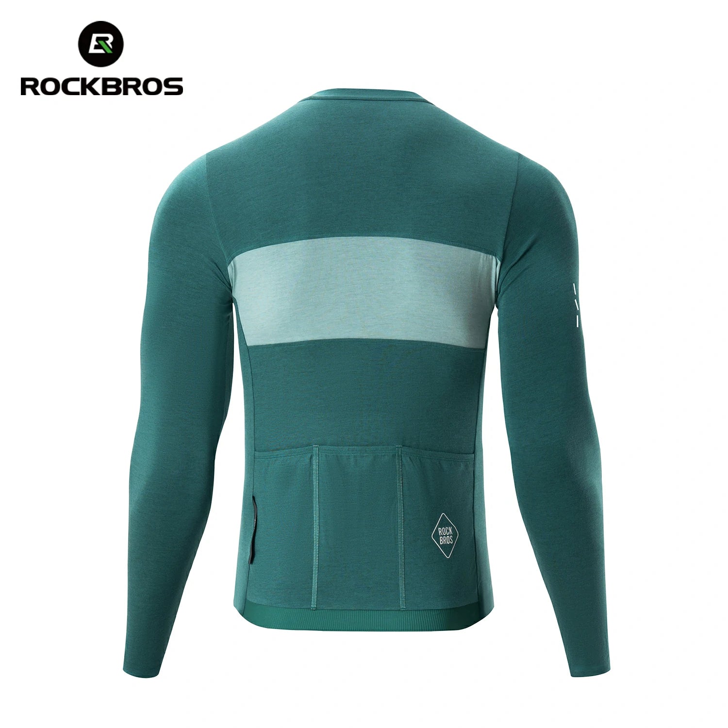 Green long-sleeve shirt with a gray panel on a white background, featuring the RockBros brand. #color_green