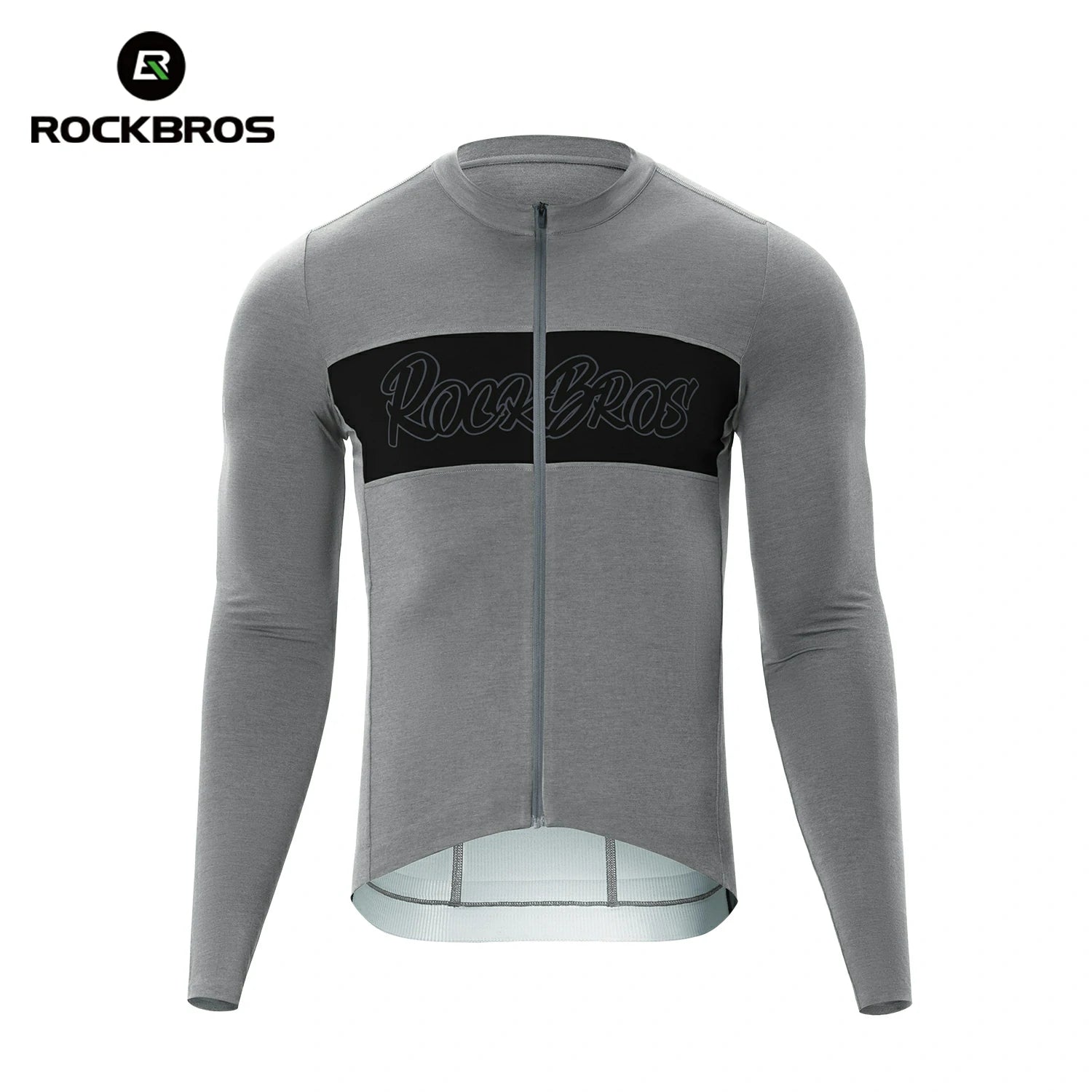 Gray long-sleeve cycling jersey with black logo on a white background, featuring the RockBros brand. #color_grey