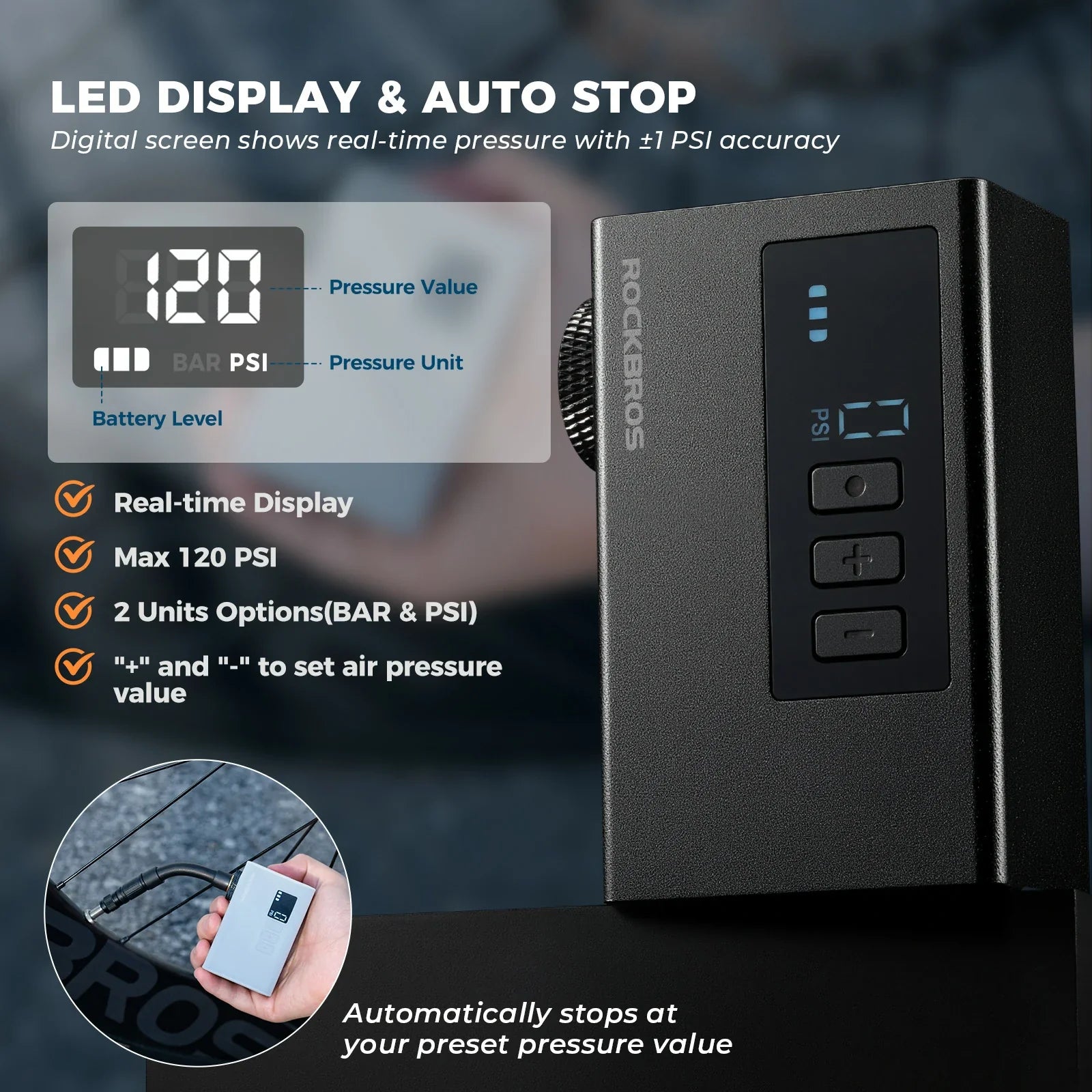 tiny electric bike pump with pressure gauge max 120 psi