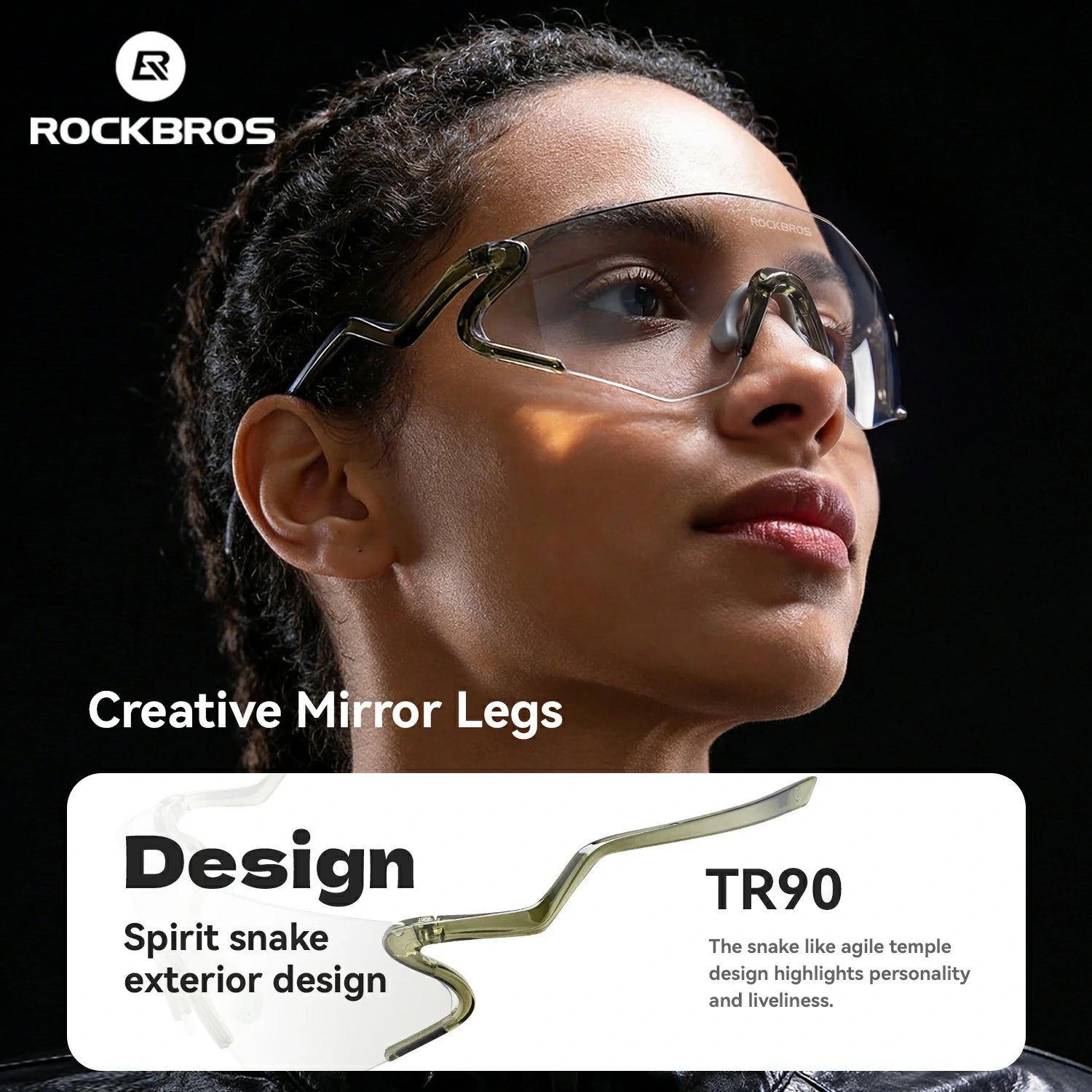 Person wearing glasses with creative mirror legs, featuring the Rockbros brand.