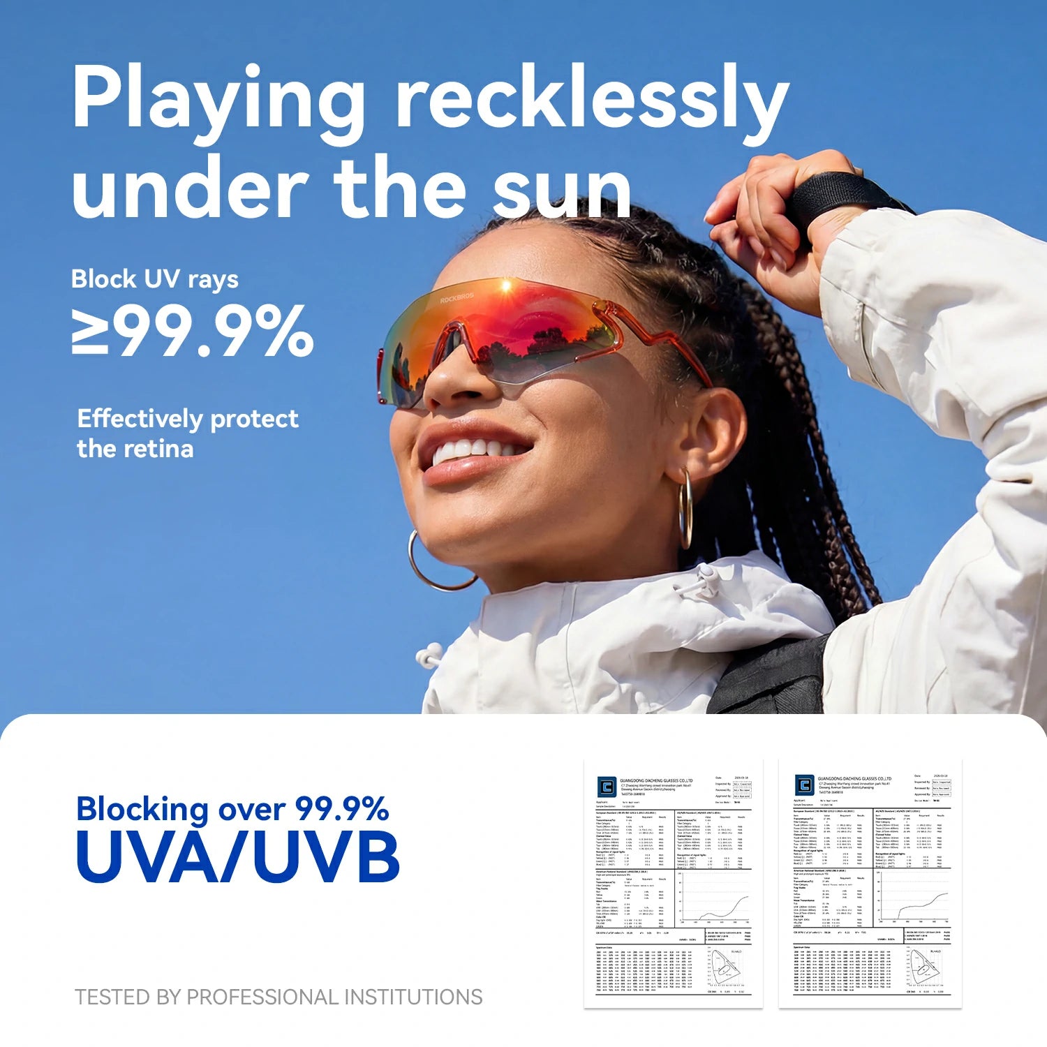 Person wearing reflective sunglasses with text about UV protection against a blue sky.