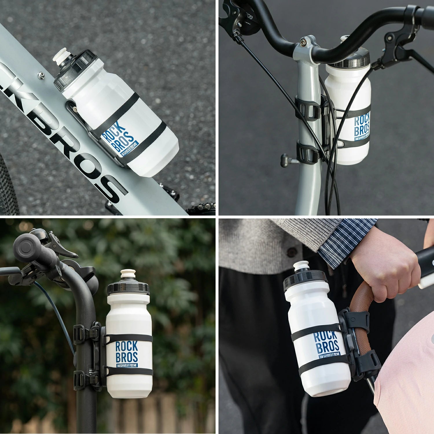 A four-panel collage showing a white Rock Bros bicycle water bottle mounted on bicycle handlebars in different settings. The top-left panel shows the bottle attached diagonally to a silver bike, the top-right panel shows it mounted on a gray bike, the bottom-left panel shows it mounted on a black bike outdoors with greenery in the background, and the bottom-right panel shows a hand holding the bottle attached to a bike.