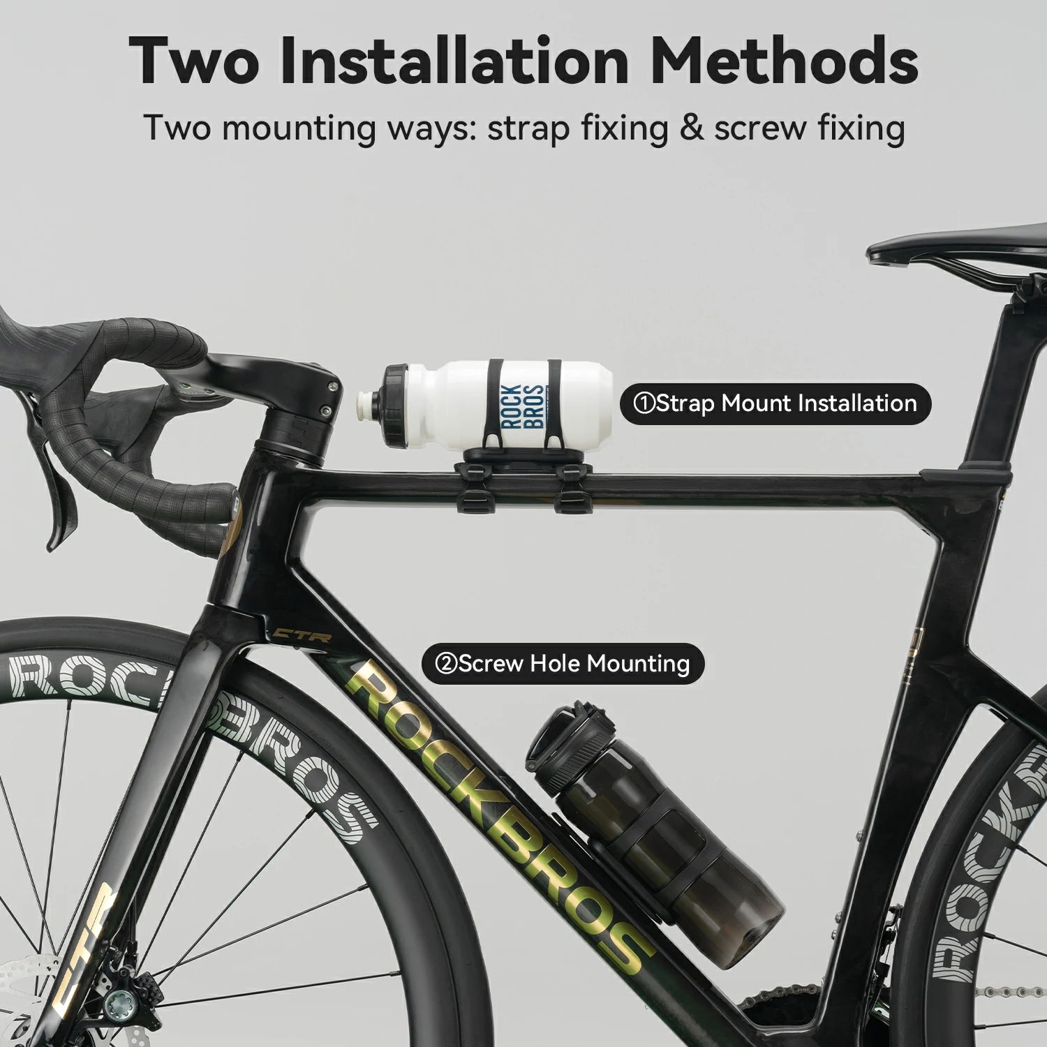 A bicycle frame with two mounted water bottles shown to demonstrate two installation methods: strap mount installation and screw hole mounting. The image includes text labels and a light gray background.