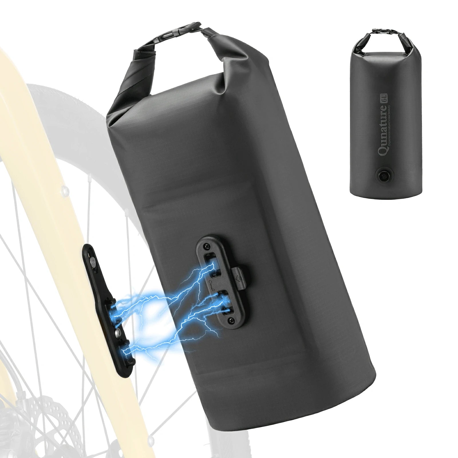 Black dry bike bag with a lightning bolt graphic on a white background