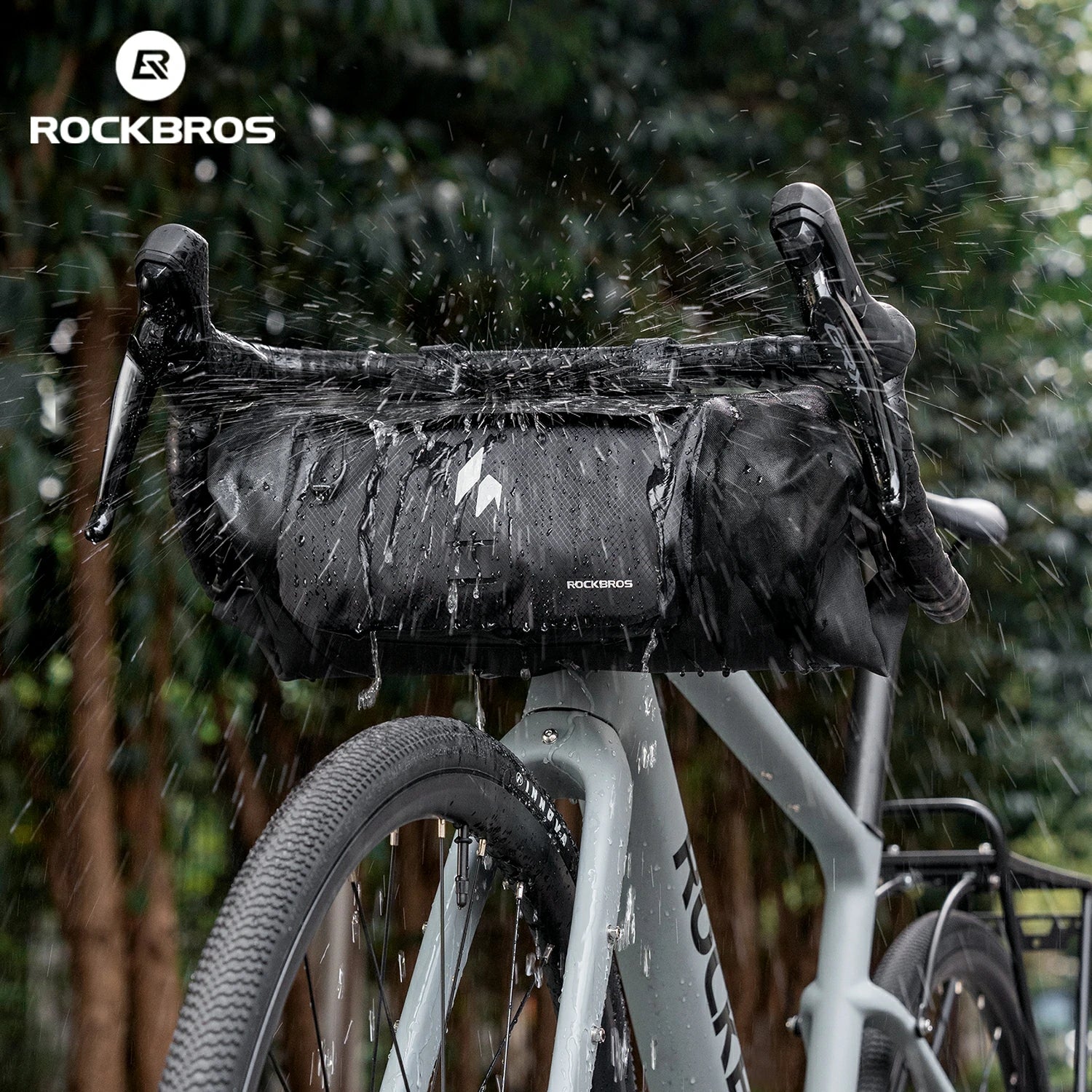 Roll-top Rockbros bike handlebar bag with secure buckle.
