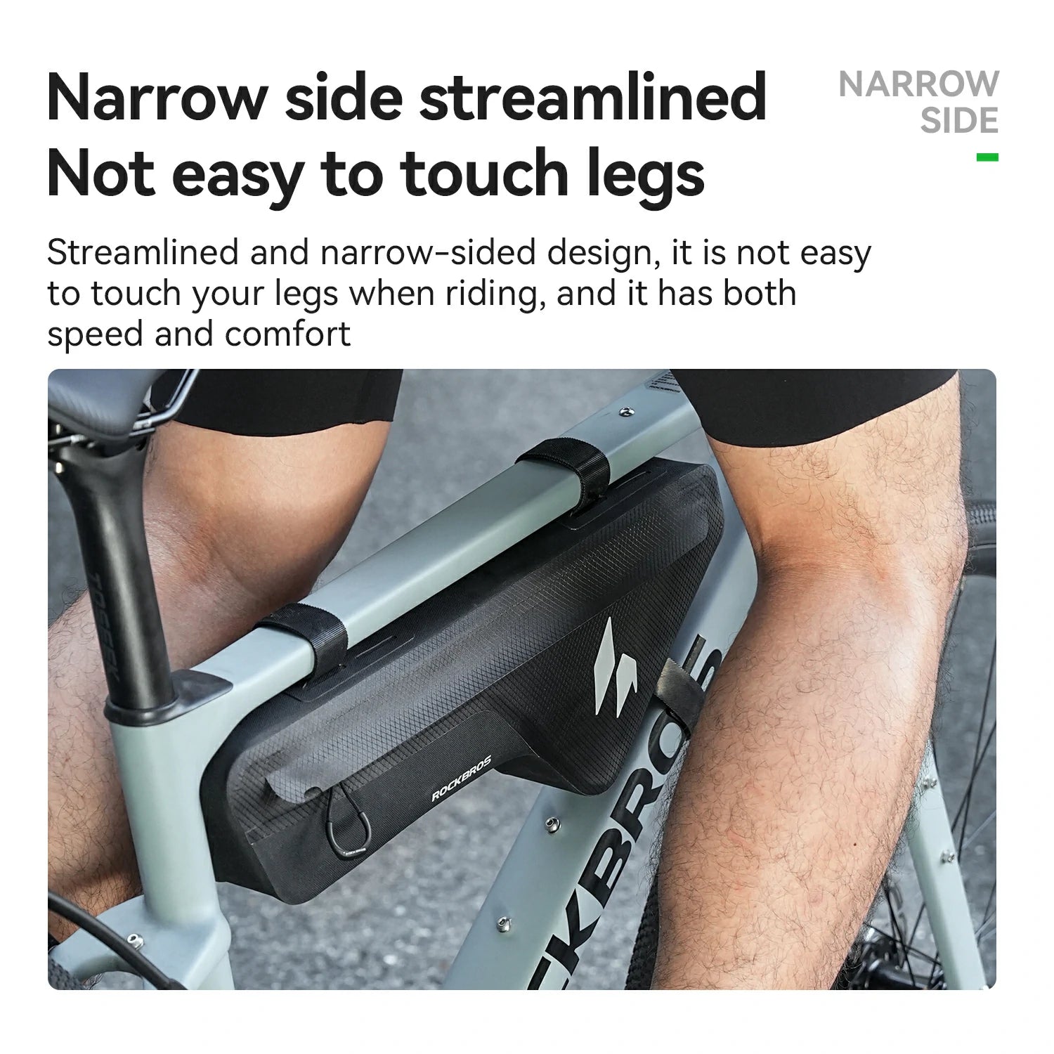 Bicycle frame bag on a bike with text describing its design.