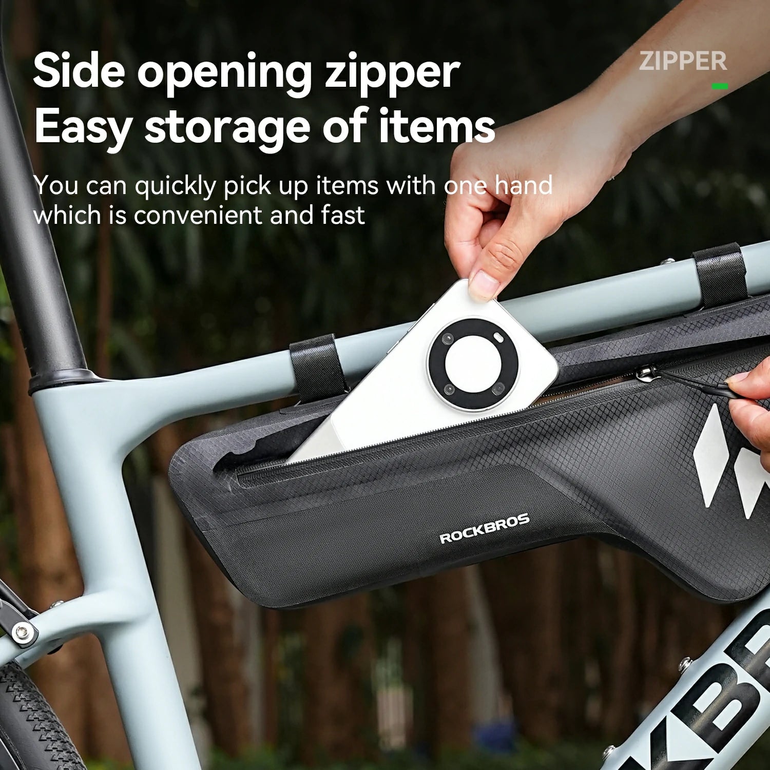 Bicycle frame bag with side opening zipper, featuring ROCKBROS branding.