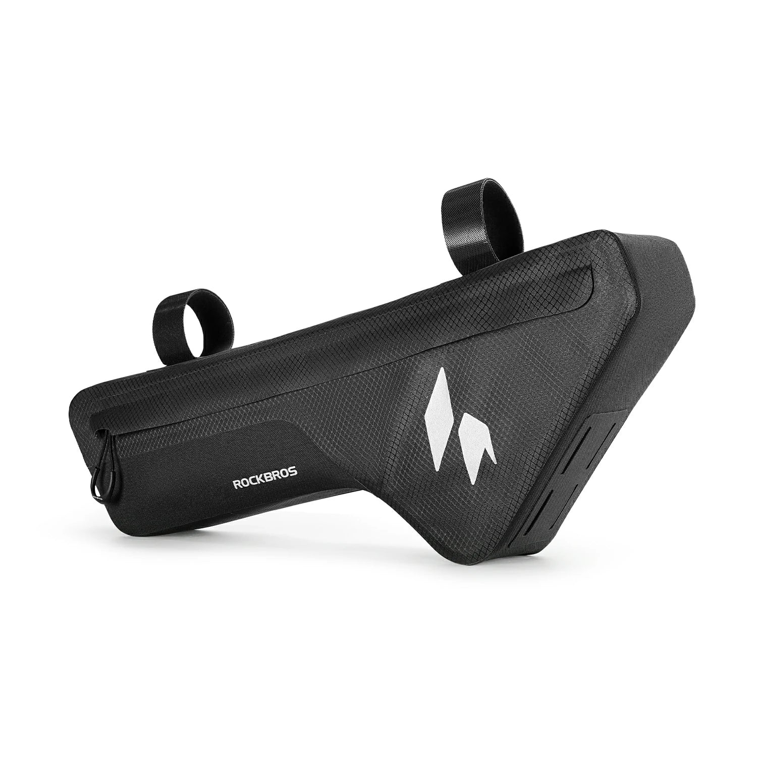 Black bike frame bag with brand logo on a white background