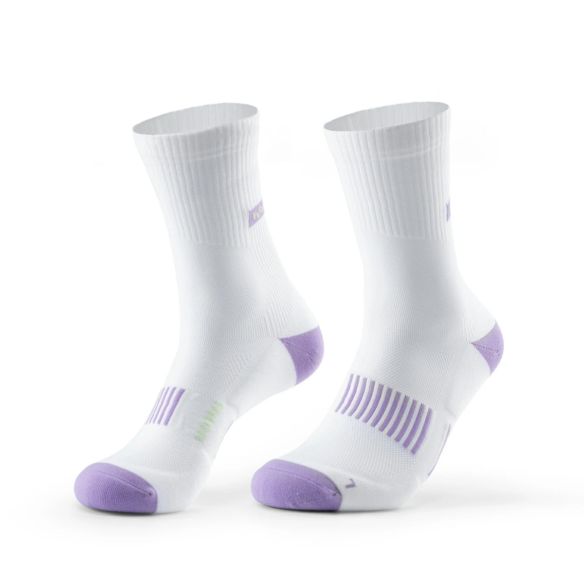 A pair of white crew-length athletic socks with light purple accents on the toes, heels, and striped compression zones, displayed on a clean white background. #Color_white