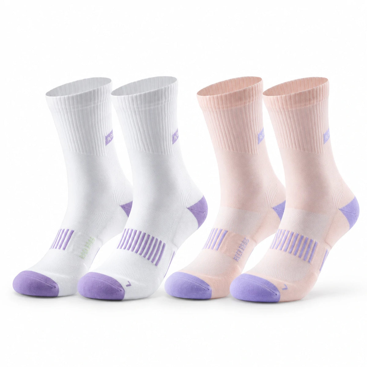 Four athletic crew socks arranged in two pairs on a white background: two white socks with light purple accents and two pale pink socks with light purple  accents. #Color_white+pink