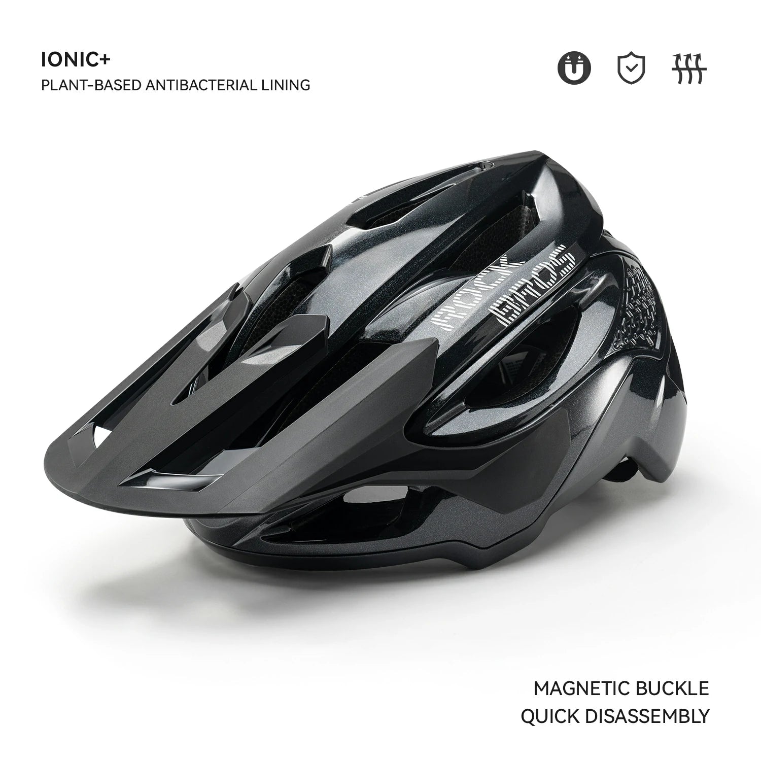 Black helmet with text highlighting features on a white background #Color_Black