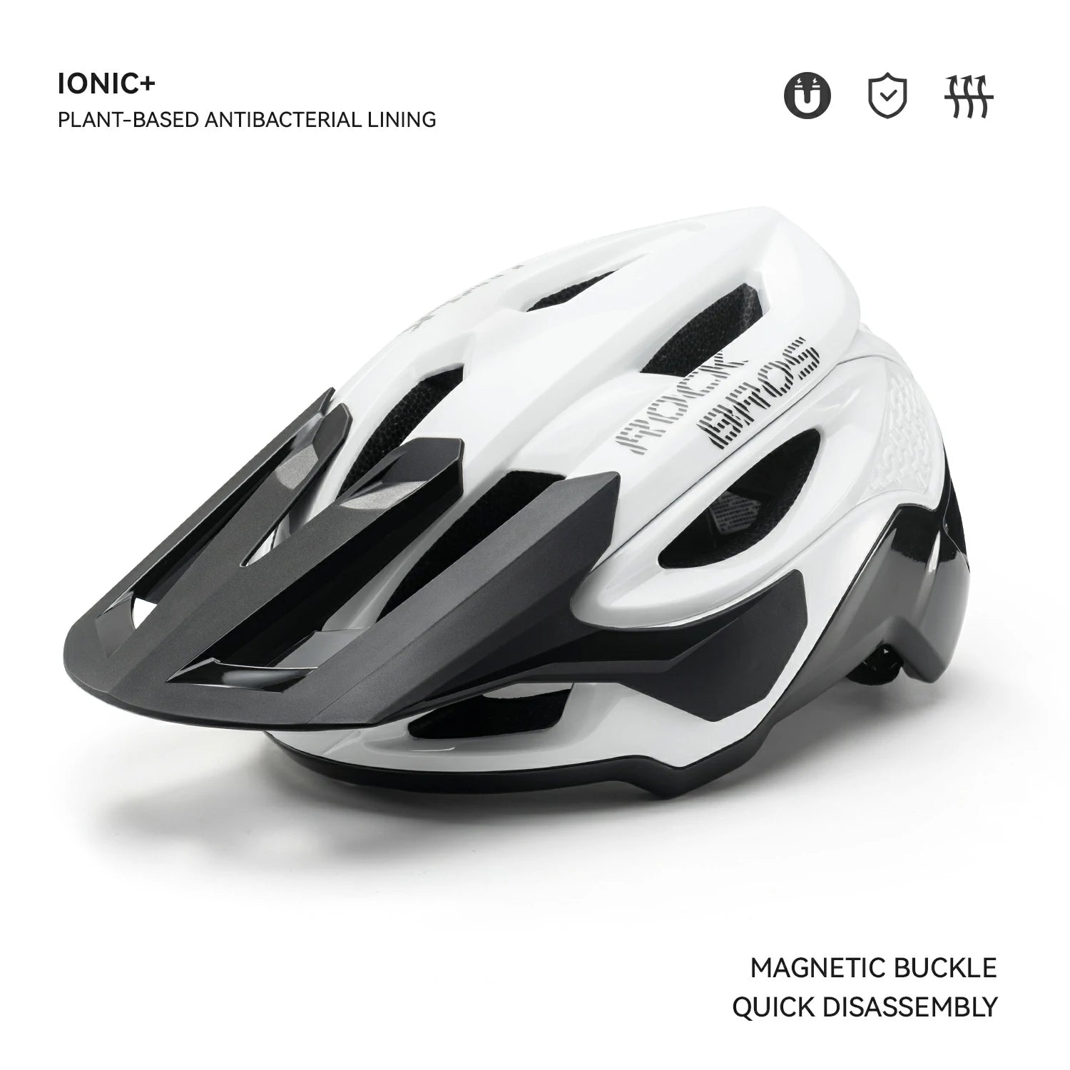 A white and black bicycle helmet with the brand name 'ROCKBROS' printed on the side, shown on a clean white background with feature  callouts. #Color_White