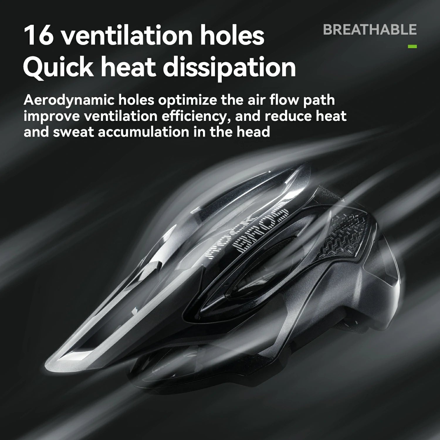Headlamp with text about ventilation holes and heat dissipation on a dark background