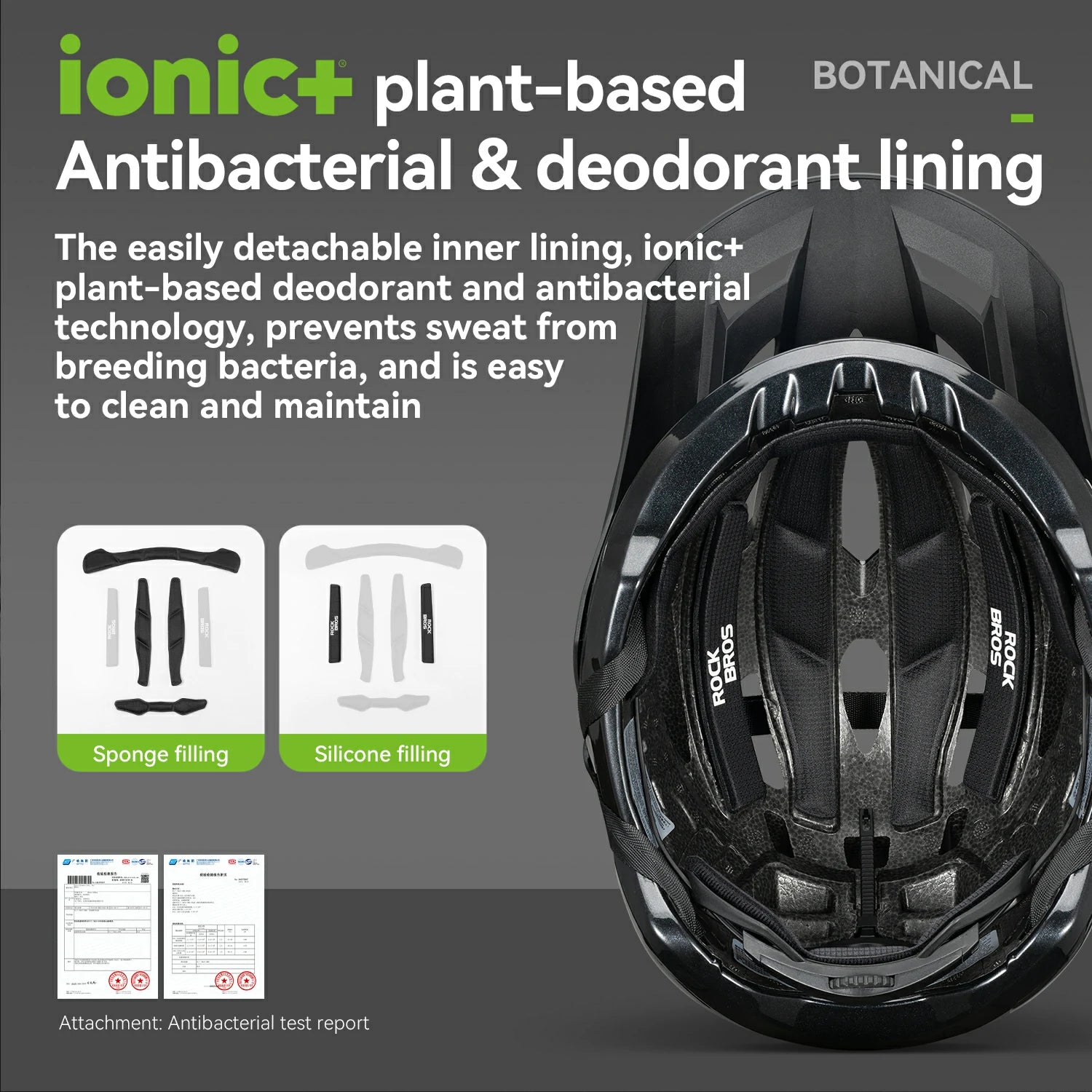 Black helmet with text about ionic+ plant-based antibacterial and deodorant lining on a gray background