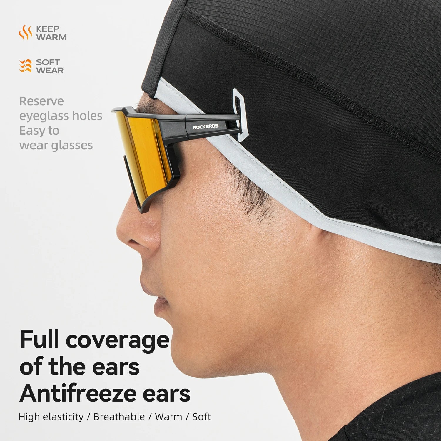 Person wearing a black cap with eyeglass holes and yellow goggles, with text highlighting features.