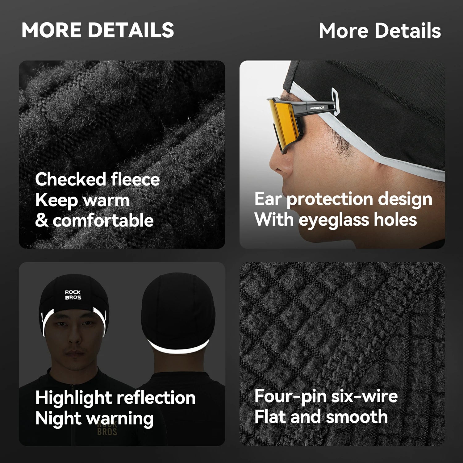 Product features with text on fleece warmth, ear protection design, reflection, and texture.