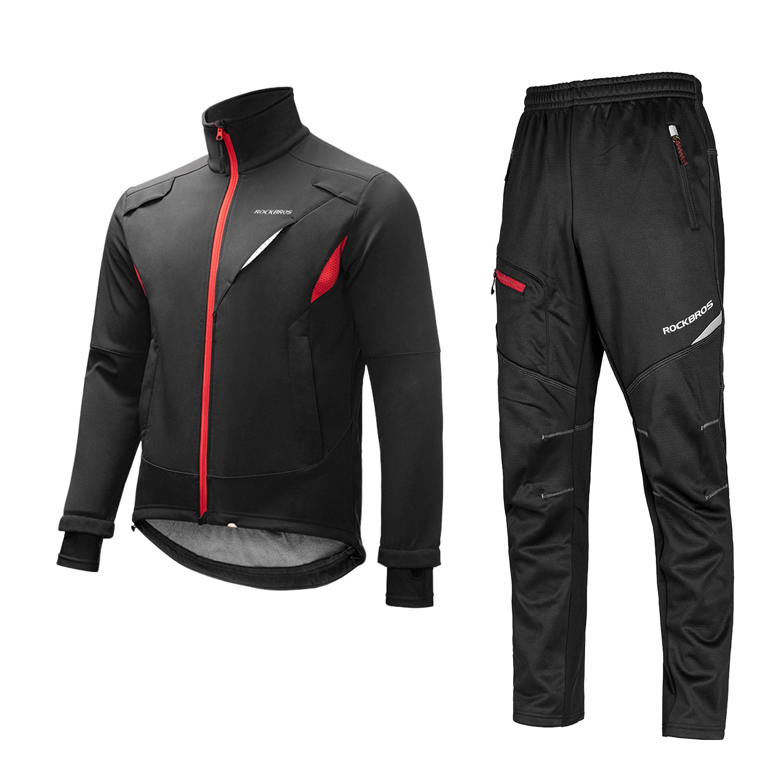 Black jacket and pants with red accents 