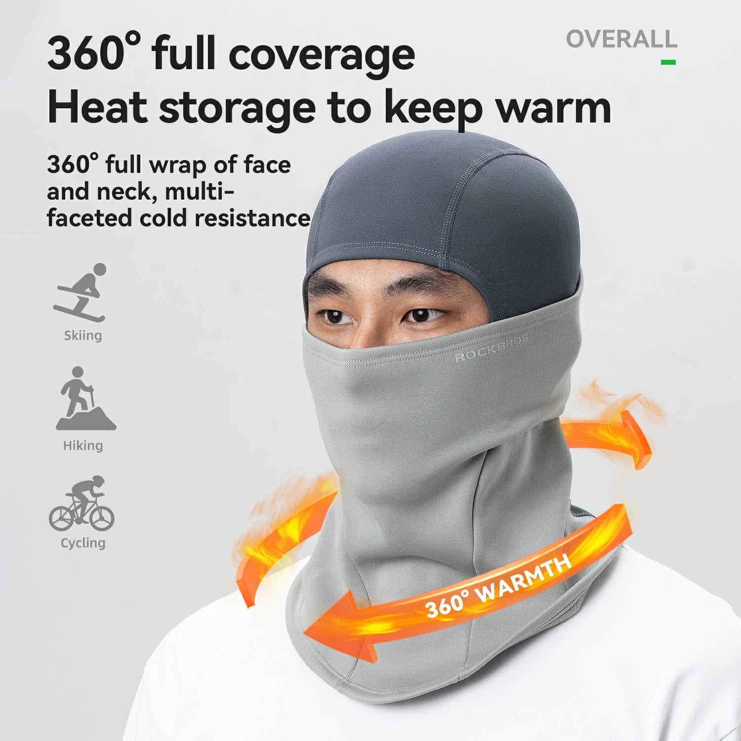Person wearing a gray 360-degree heat storage face and neck cover with text highlighting its features.