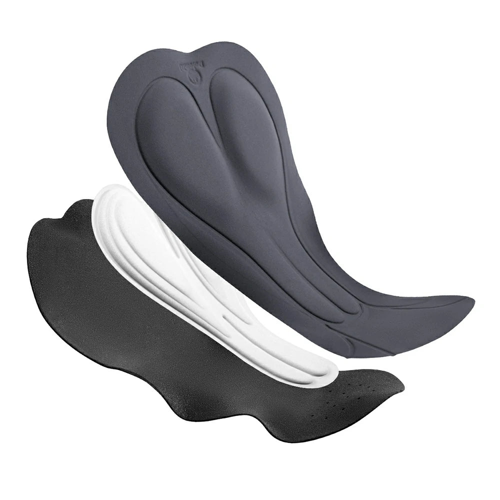 Three contoured shoe inserts or insoles shown in three thickness/color options: dark gray, white, and black, arranged diagonally on a plain white background.