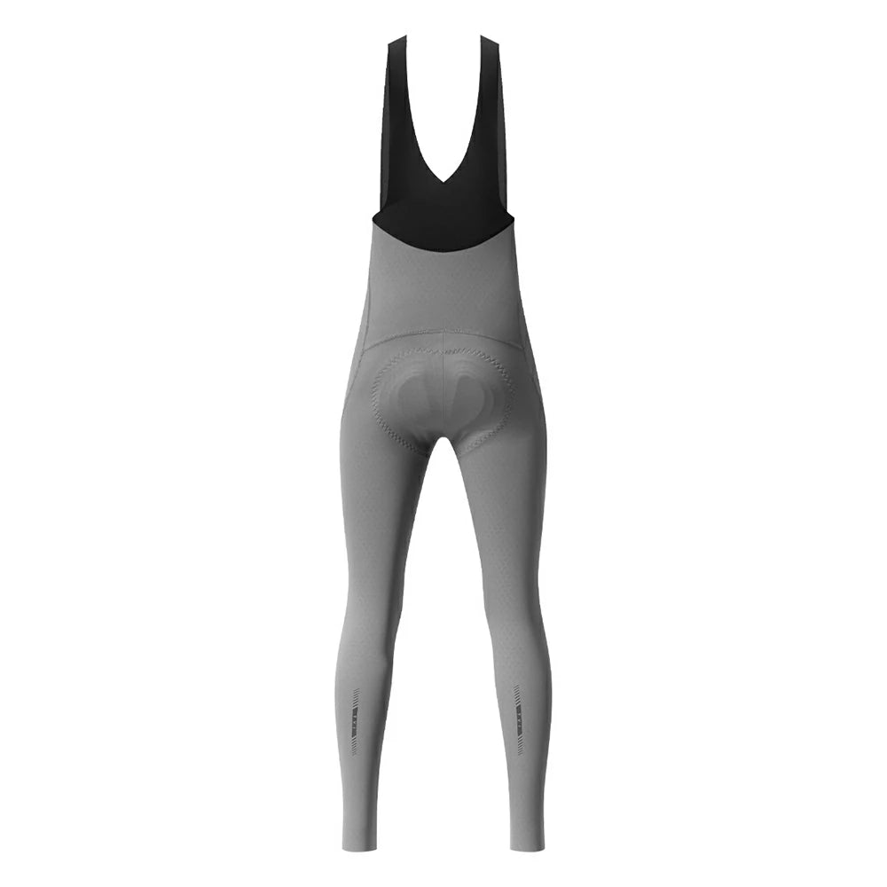 Rear view of a pair of gray cycling bib tights with a black waistband, shown on a plain white background.