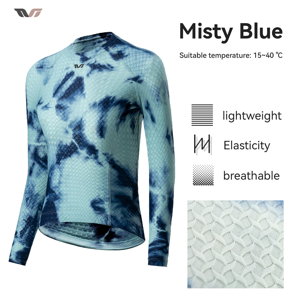 A long-sleeve athletic cycling jersey in Misty Blue with a blue and light blue tie-dye pattern, shown on a white background with feature callouts and a texture inset. #Color_Blue
