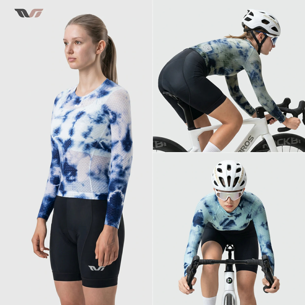 A cycling apparel listing showing a model wearing a long-sleeve tie-dye jersey and black shorts, plus two inset action views of the same jersey being worn while cycling. The jersey has a blue and white tie-dye pattern on a light gray background.