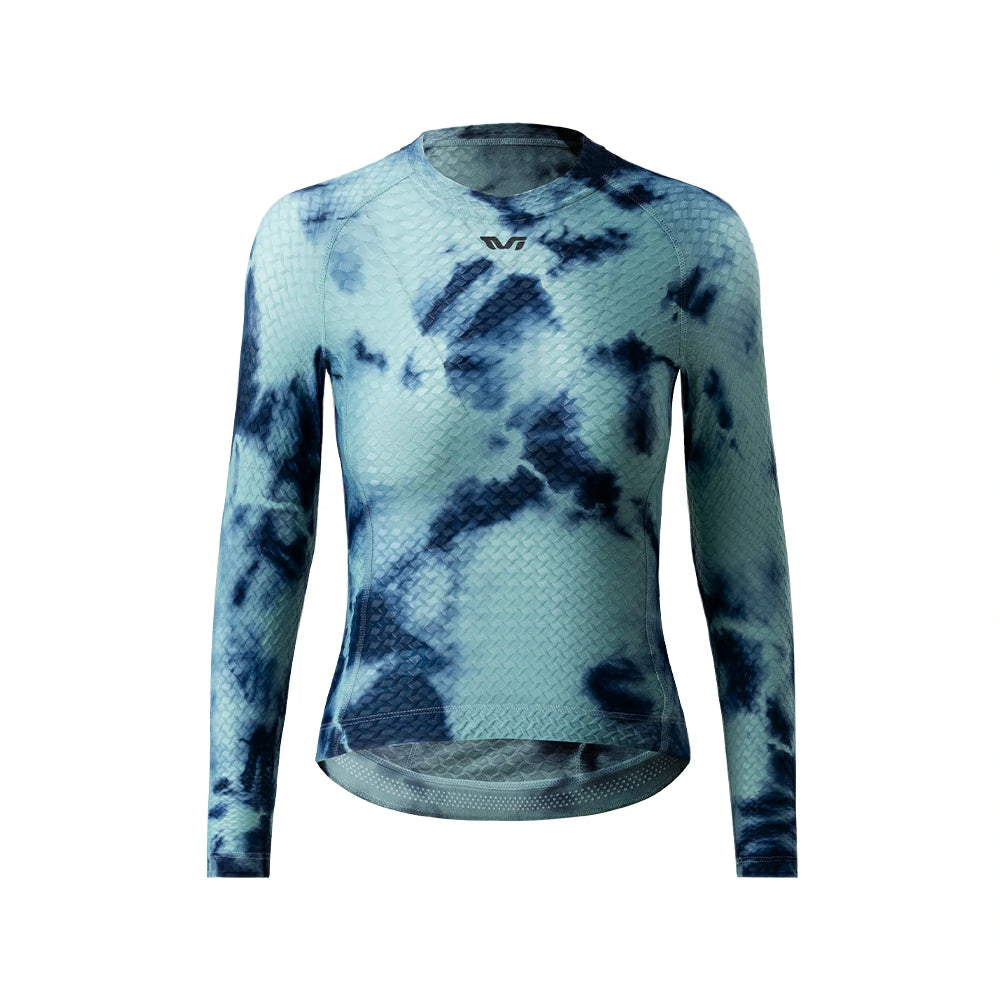 A long-sleeve athletic jersey with a blue and teal tie-dye pattern, featuring a small black logo on the upper chest, displayed on a solid white background. #Color_Blue