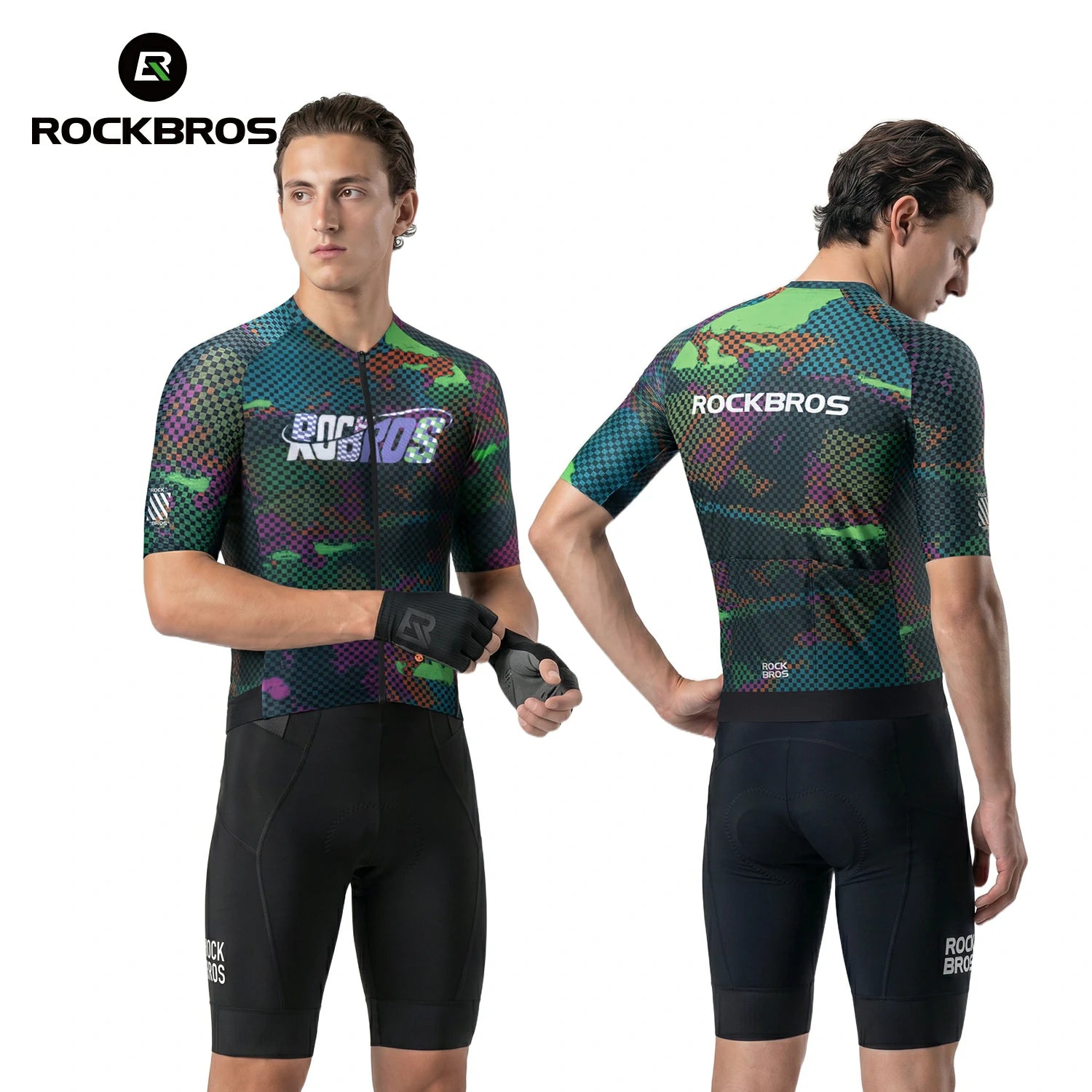Cycling outfit with colorful design and 'RockBros' branding on a white background