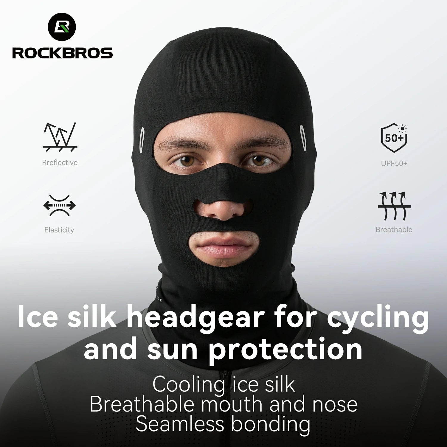 Person wearing a black ice silk headgear with product features highlighted on a white background.