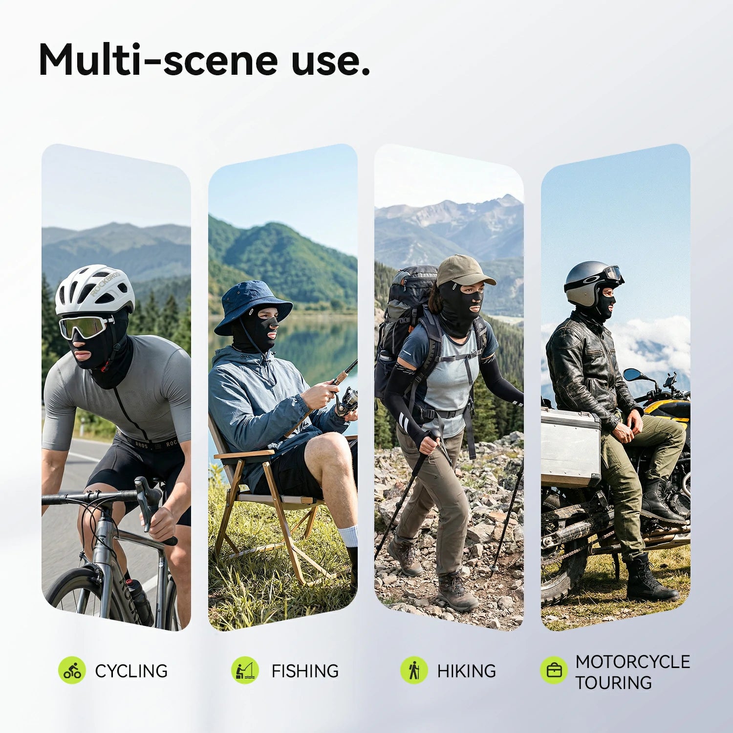 Person wearing a helmet in various outdoor activities with text 'Multi-scene use' and icons for cycling, fishing, hiking, and motorcycle touring.