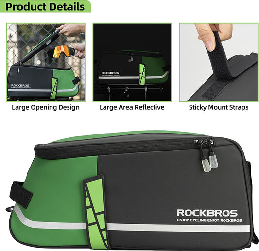 ROCKBROS Bike Rear Rack Bag with Shoulder Straps, Green Rain Cover